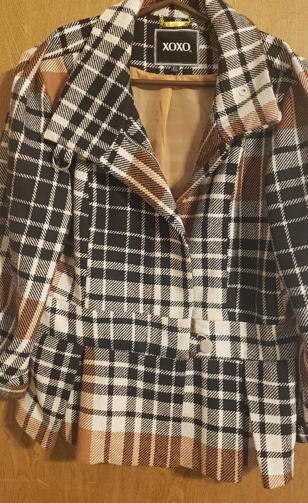 XOXO Plaid jacket blazer sz XL (Jr.'s) black, cream, and tan